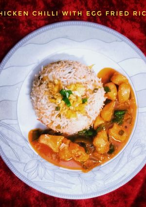 A picture of Chicken Chilli Gravy with Egg Fried Rice!.