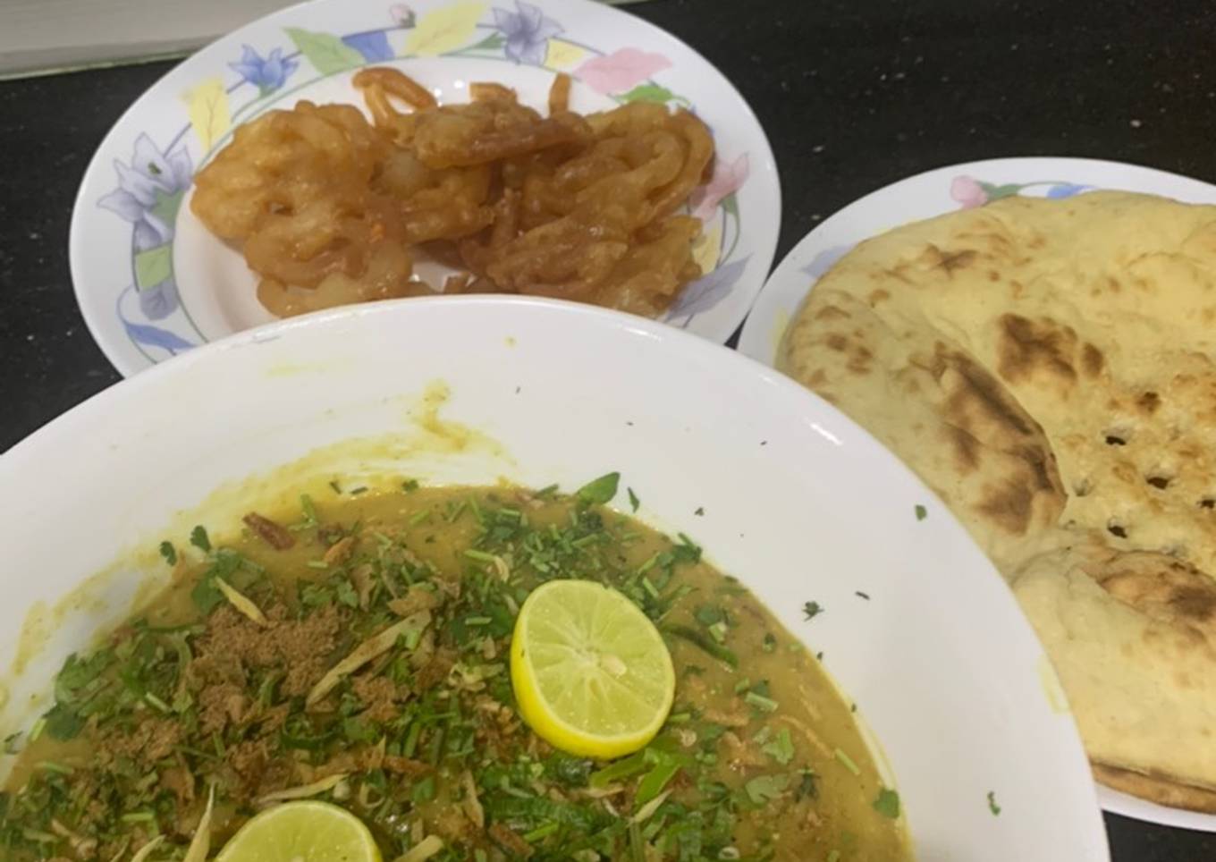 Haleem with roti and jalebi