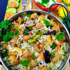 A picture of Soya Chunks- Mushroom-Peas Pulao.
