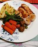 Fish stakes,grilled vegetables & mango milkshake