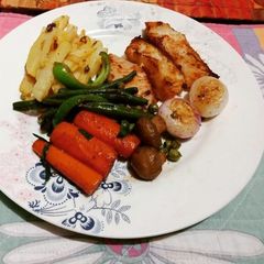 Fish stakes,grilled vegetables & mango milkshake A picture of Fish stakes,grilled vegetables & mango milkshake.
