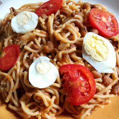 A picture of Jollof Spaghetti and Beans.