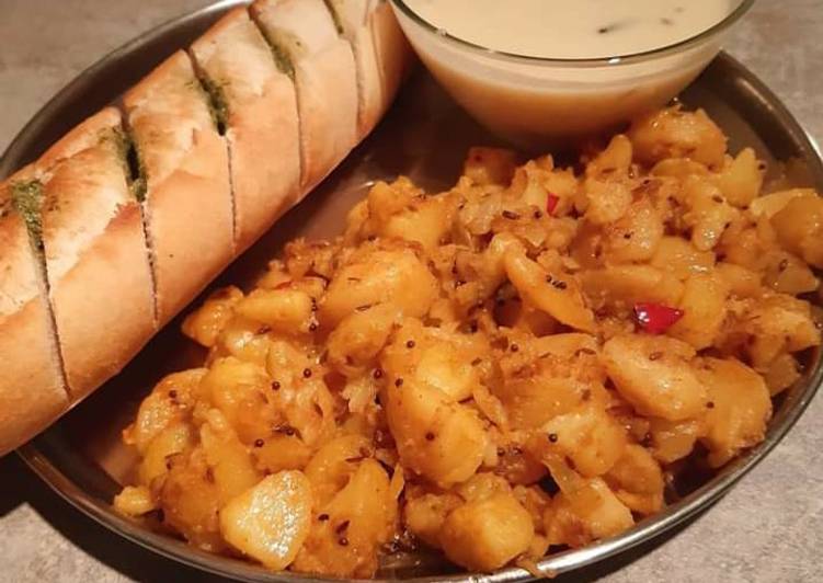 Potato sabji,garlic bread and kadhi