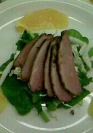 A picture of Duck and segmented orange salad.