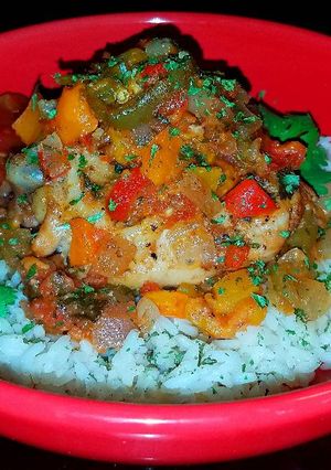 A picture of Mike's Southwestern Chicken Thighs Over Rice.