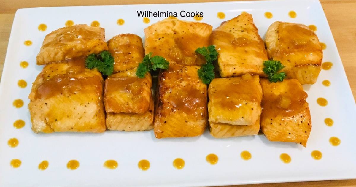 Mango Passion Fruit Glazed Salmon Fillets Recipe by Wilhelmina Cooks