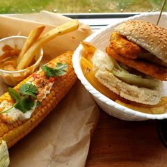 A picture of Cauliflower and Halloumi Stack with a KFC style dressing.