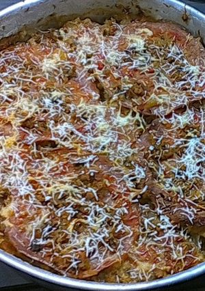 Una foto de Pasticho de berenjenas con láminas de jamón