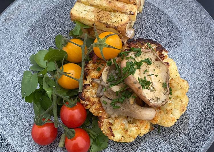 Curry Dusted Cauliflower ‘Steak’ Topped With Chive and Garlic Mushrooms