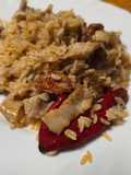 Arroz con secreto, setas y bacón