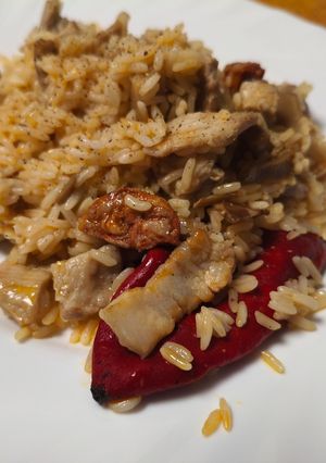 Una foto de Arroz con secreto, setas y bacón