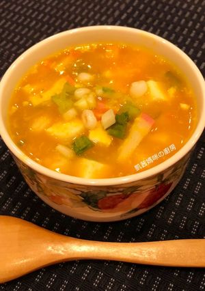A picture of Creamy Pumpkin Soup with Shrimp and Tofu.