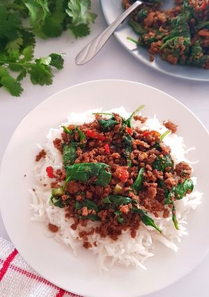 A picture of Stir Fried Minced Meat with Baby Spinach.
