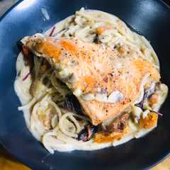 A picture of Pan Seared Creamy Salmon Pasta.