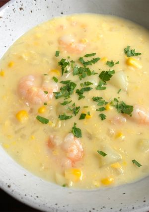 A picture of Prawn, Potato & Corn Chowder.