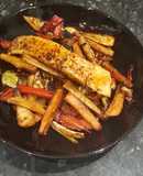 Marinated salmon with honey roasted paprika veg