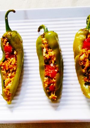 A picture of Stuff Mirchi with Paneer Bhurji.