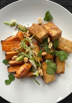 A picture of Crispy Tofu with Sweet Potatoes.