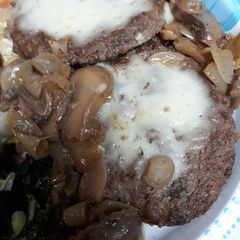 A picture of Swiss Mushroom Onion Sirloin Burgers in a Beef Reduction.