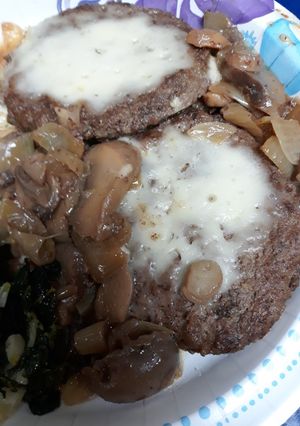 A picture of Swiss Mushroom Onion Sirloin Burgers in a Beef Reduction.