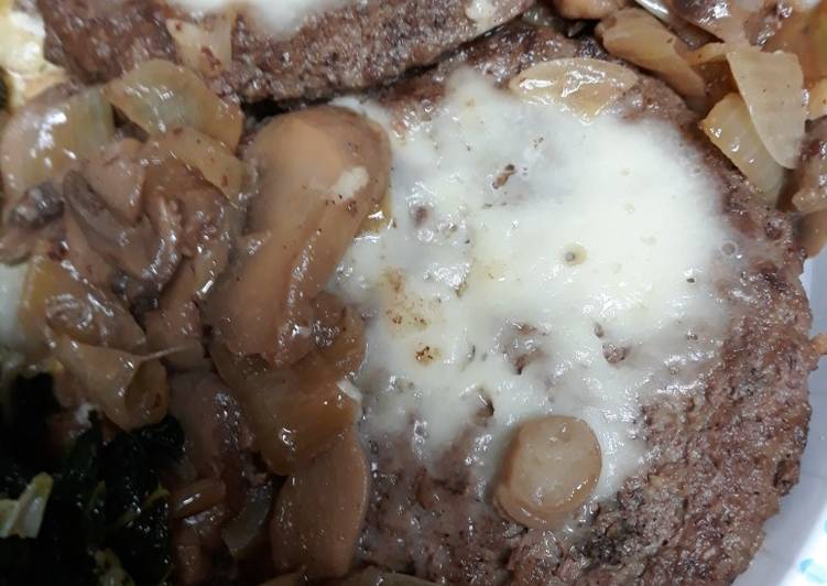 Swiss Mushroom Onion Sirloin Burgers in a Beef Reduction Swiss Mushroom Onion Sirloin Burgers in a Beef Reduction