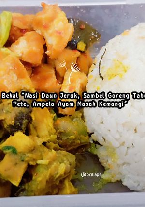 Foto resep Ide Bekal "Nasi Daun Jeruk, Sambel Goreng Tahu Pete, Ampela Ayam Masak Kemangi" 🤎🤎