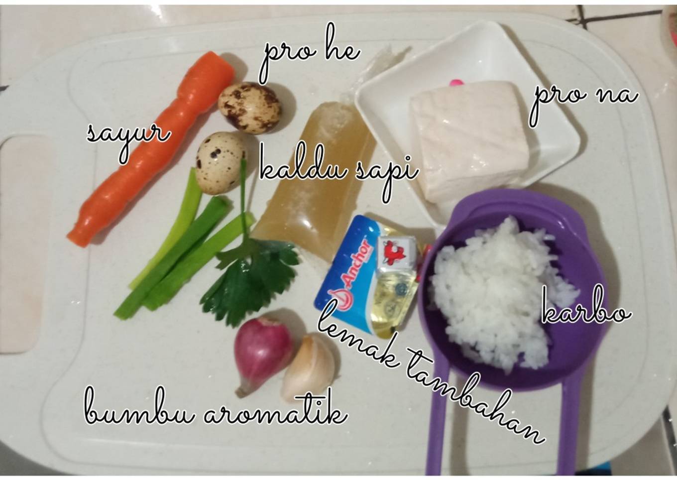 MPASI 6+ Nasi, telur puyuh, wortel, tahu
