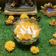 A picture of Motichoor Ladoo Ice cream sponge cake pudding.