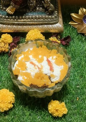 A picture of Motichoor Ladoo Ice cream sponge cake pudding.