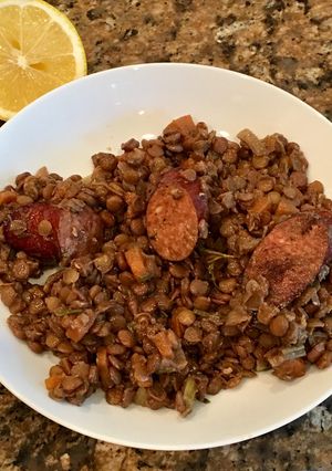 A picture of Lentils and Spicy Sausages.