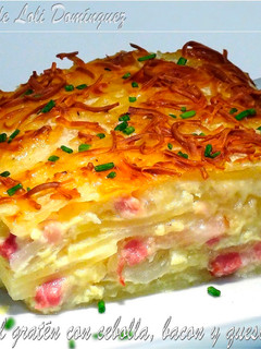 A picture of Potato Gratin with Onion, Bacon, and Manchego Cheese.