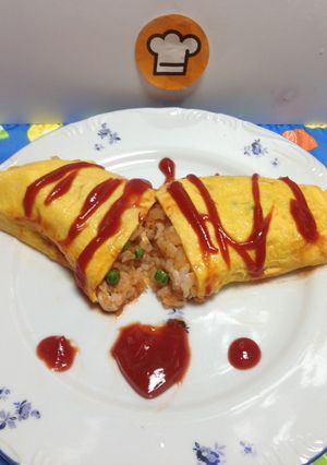 A picture of Japanese Omurice! *Rice with Omelette*.