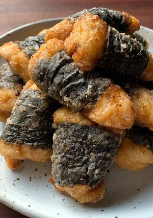 A picture of Nori Wrapped Fried Chicken Tenderloins.