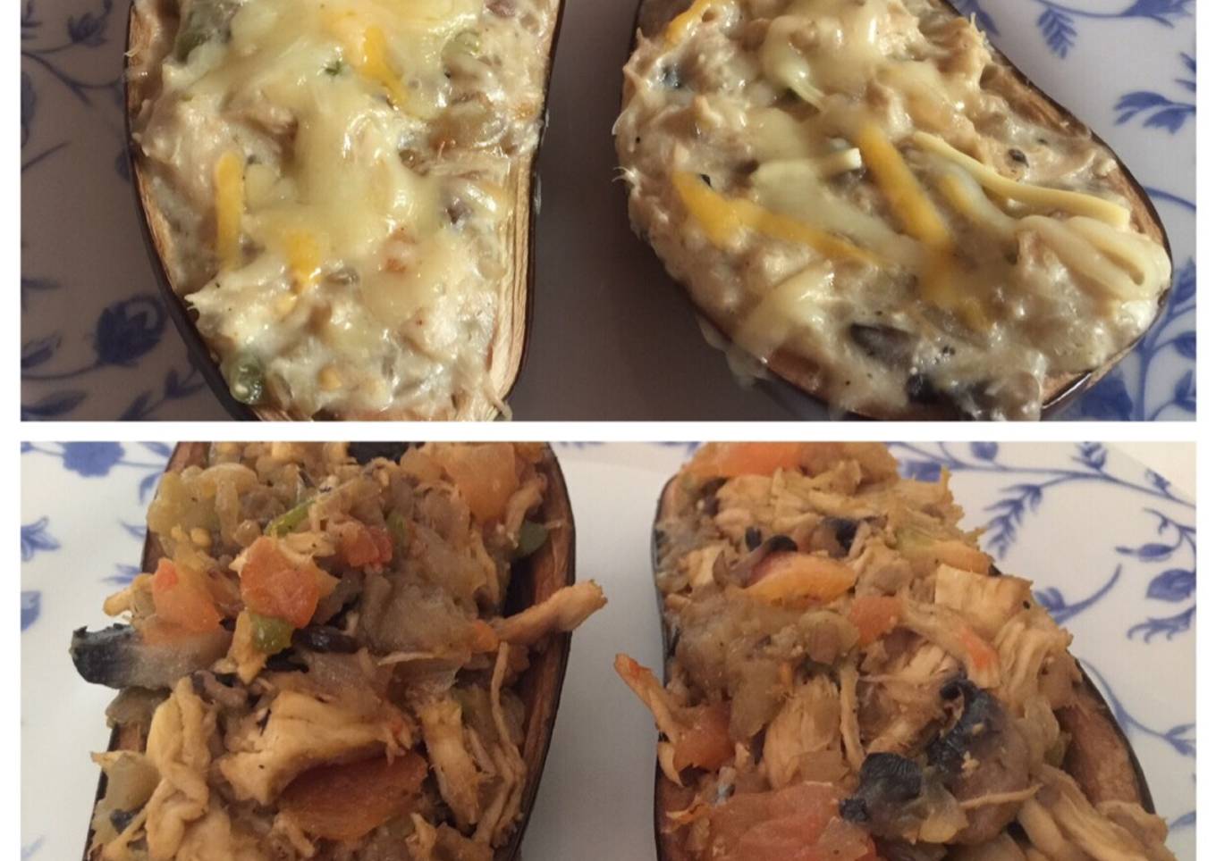 Berenjena rellena de pollo y bechamel & Berenjena rellena de pollo y tomate