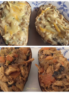 Una foto de Berenjena rellena de pollo y bechamel & Berenjena rellena de pollo y tomate