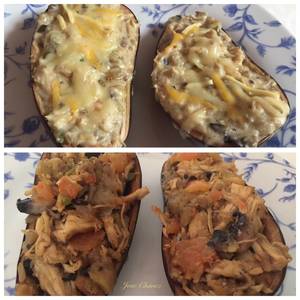 Berenjena rellena de pollo y bechamel & Berenjena rellena de pollo y tomate