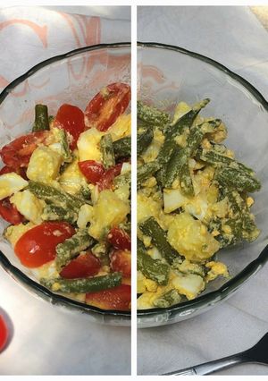 Una foto de 🥔🫛🥚Ensalada de papa, chaucha y huevo 🥚🫛🥔 opcional tomate 🍅😉