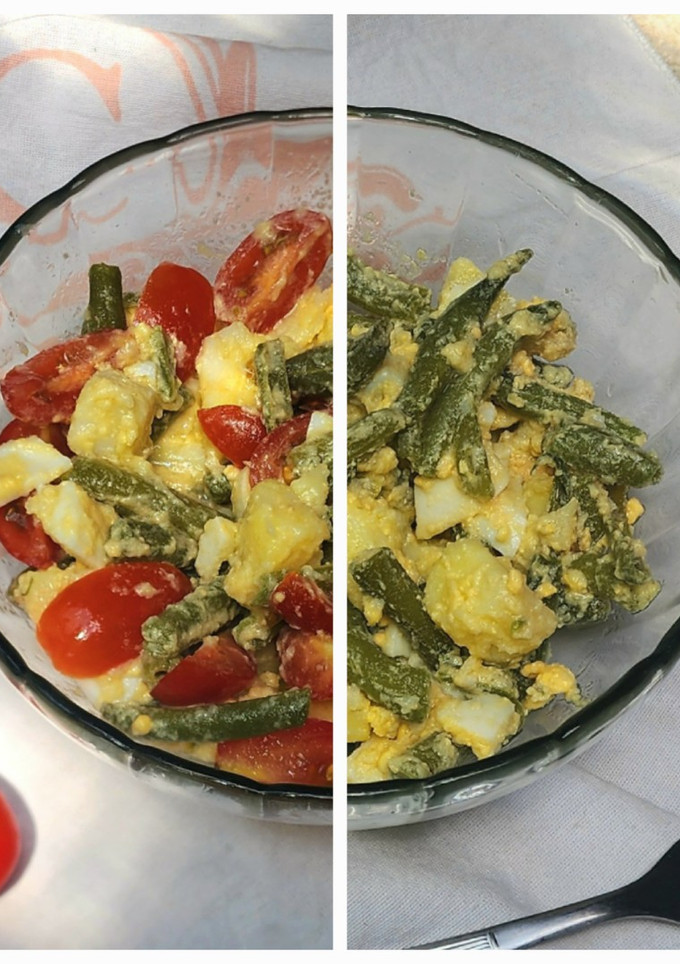 Una foto de 🥔🫛🥚Ensalada de papa, chaucha y huevo 🥚🫛🥔 opcional tomate 🍅😉