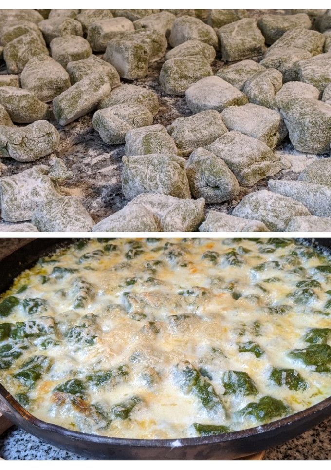 Una foto de Ñoquis de acelga con salsa de puerro gratinado
