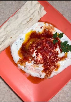 A picture of Chilbeesh (Çılbır🇹🇷) Turkish poached eggs.