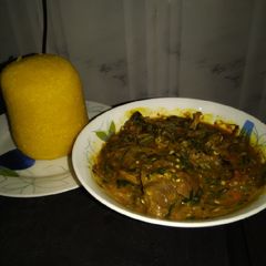 A picture of Eba and Otong soup (ogbono &okro?.