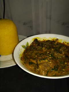 A picture of Eba and Otong soup (ogbono &okro?.