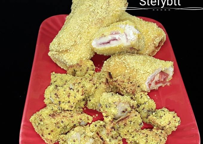Pepite di pollo alla birra e rotolini di pan carrè