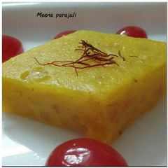 Homemade Sago Kesariya Barfi with paneer milk A picture of Homemade Sago Kesariya Barfi with paneer milk.