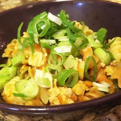A picture of Ground carrot and chicken ragu pasta.