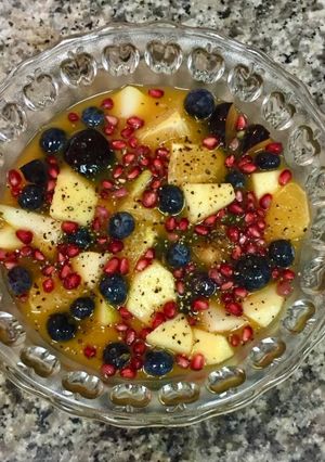 A picture of Fruit Salad In Orange 🍊 Juice.