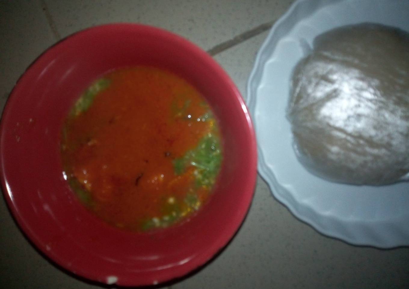 Okro with beef stew and Eba