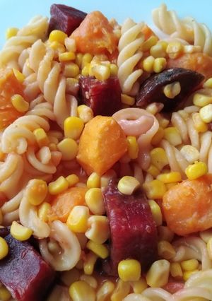 A picture of Vickys One Pot Pasta with Sweet Potato & Beetroot GF DF EF SF NF.