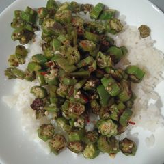 A picture of Fried Okra and rice.