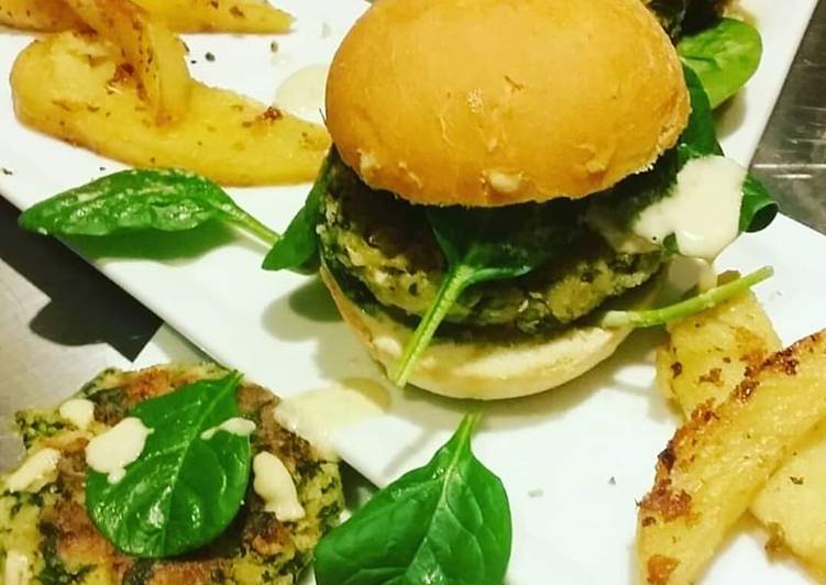 How to Make Any-night-of-the-week Spinach, Chickpea and Feta Burger w/Lemon Tahini Dressing,,😚